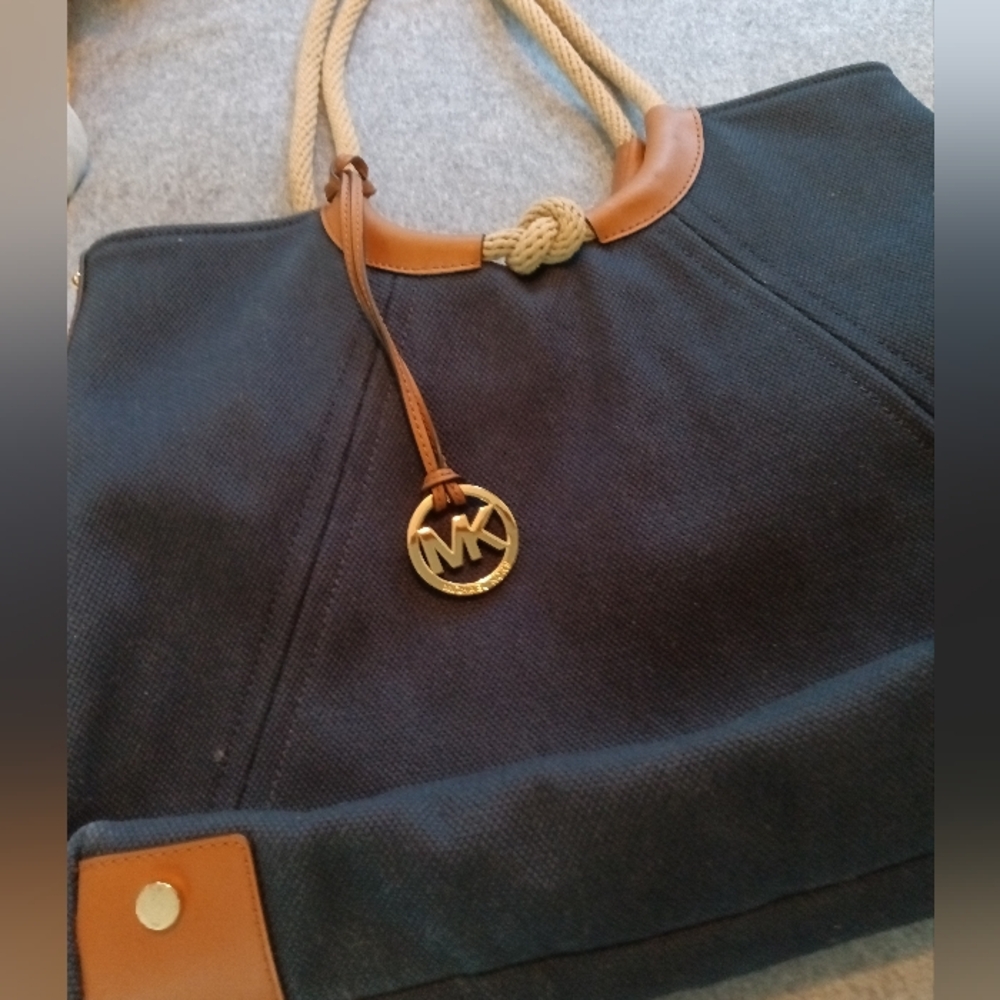 Michael Kors Blue and Tan Satchel/Tote with Signature Emblem